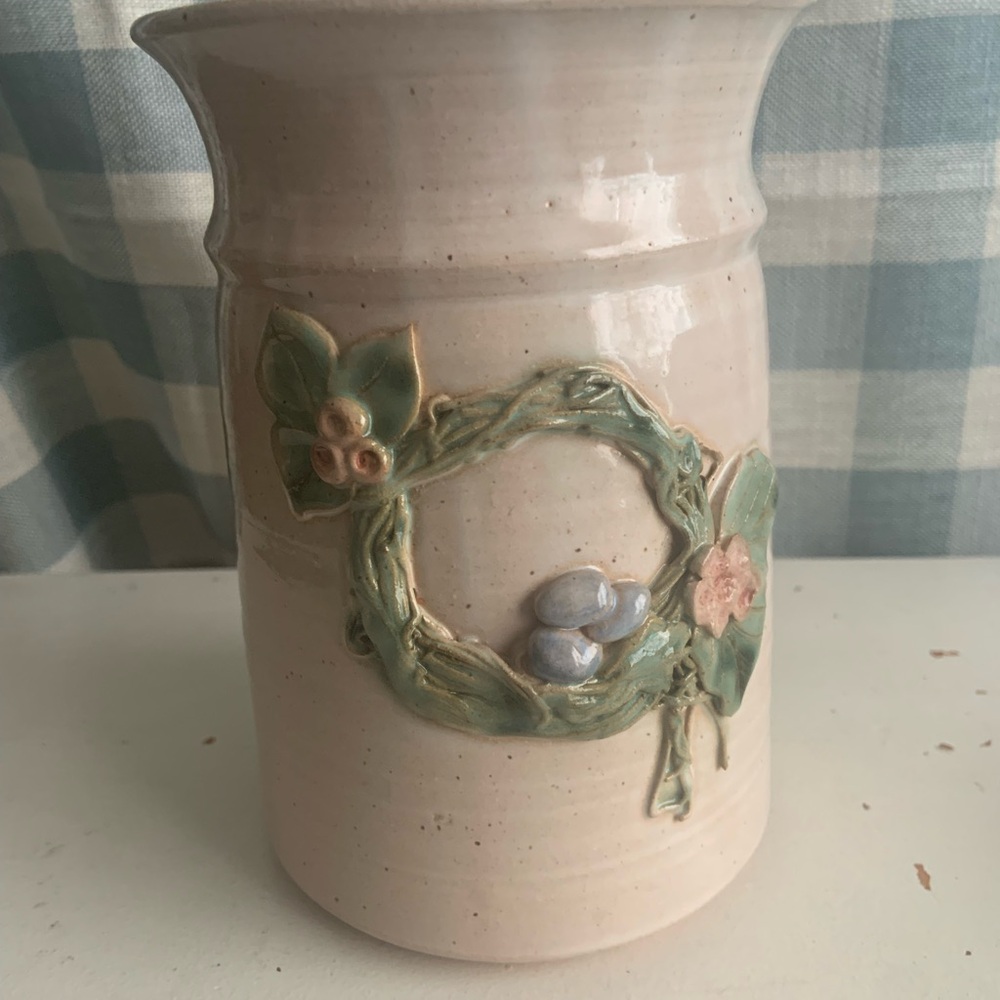 Artist signed, handmade Ceramic Vase with birds nest and eggs.